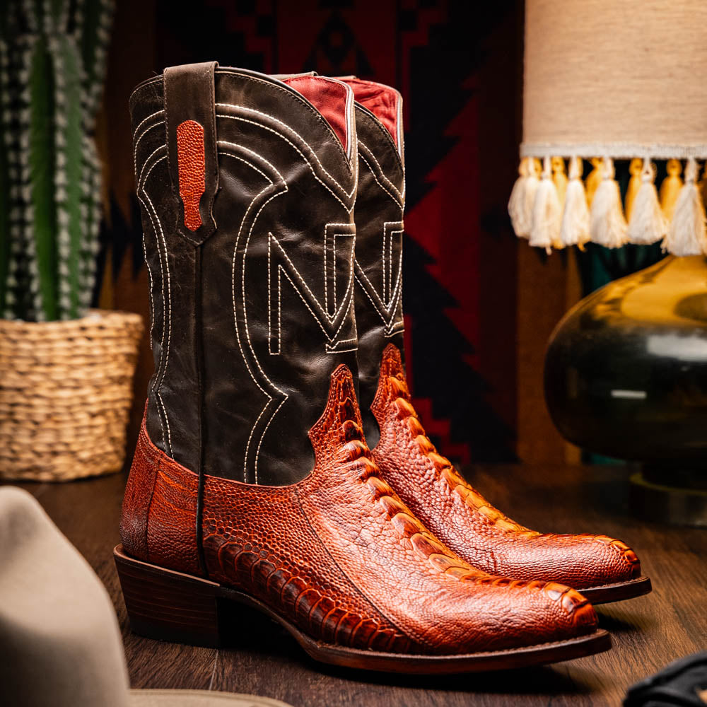 Denver Rustic Cognac genuine ostrich leg skin cowboy boots with red vamp and black shaft, Western Collection.