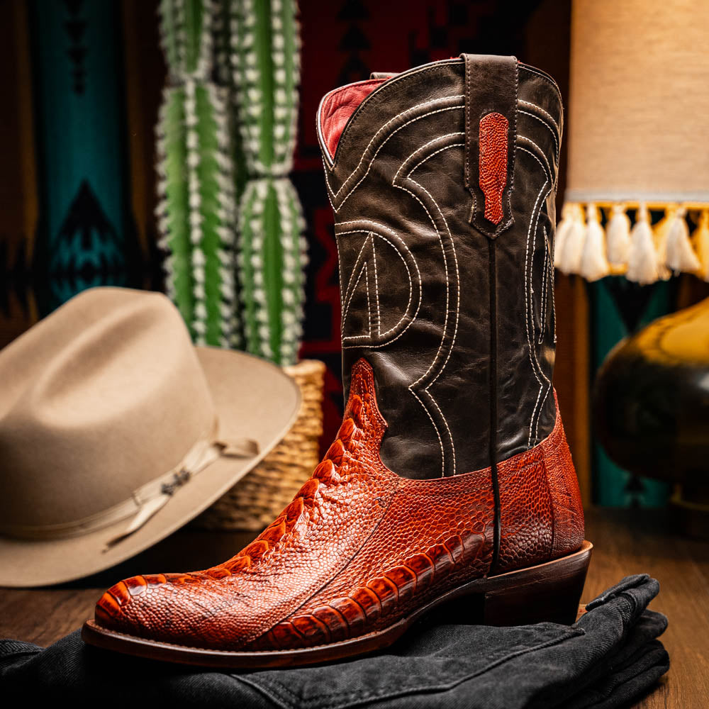 Denver Rustic Cognac cowboy boot in genuine ostrich leg skin with rich leather texture and bold style from the Western Collection.