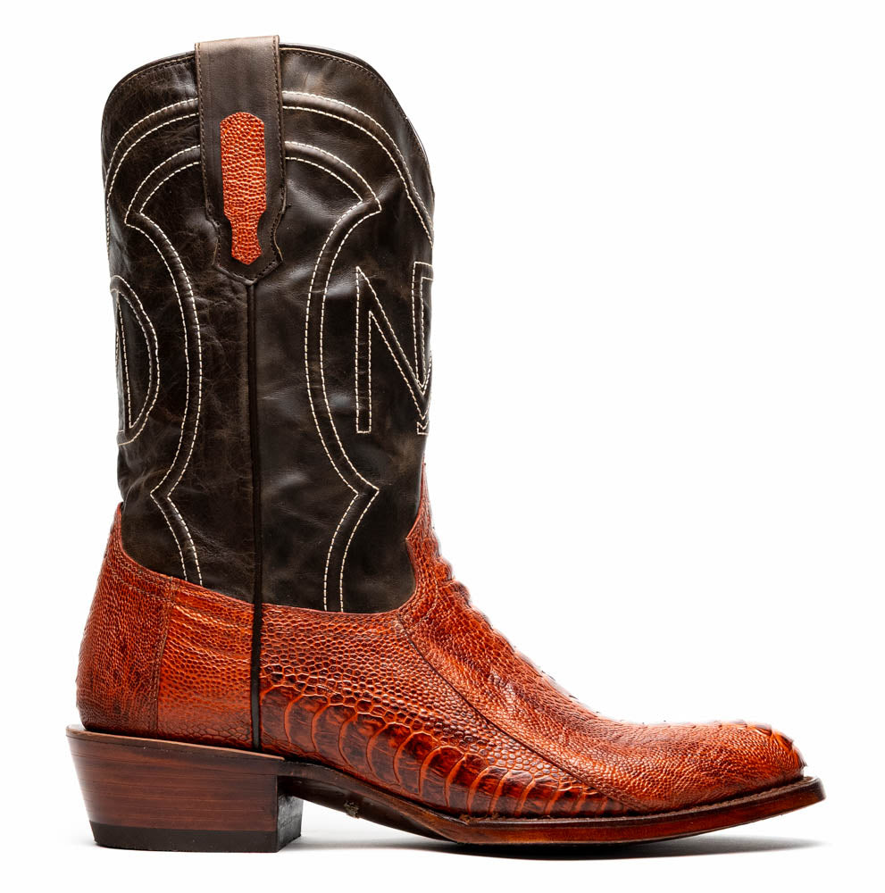 Denver Rustic Cognac ostrich leg cowboy boot with deep red and black leather design