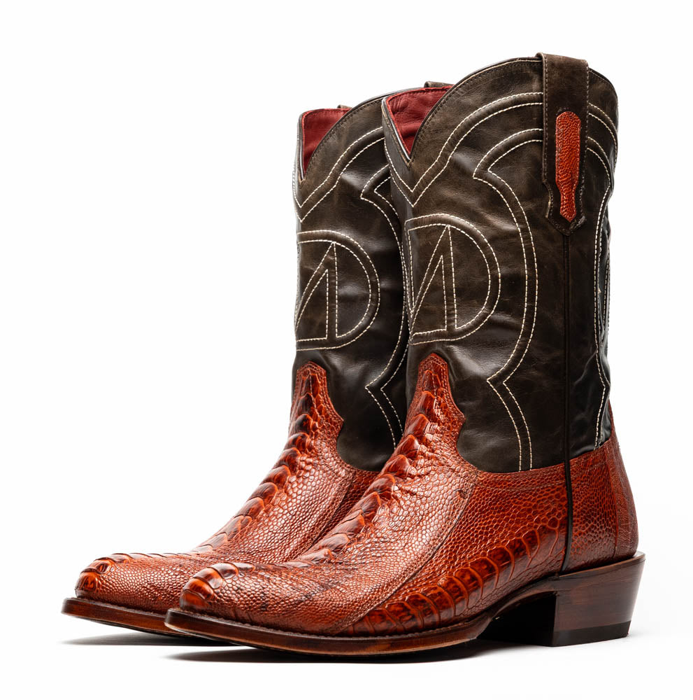 Denver Rustic Cognac genuine ostrich leg skin cowboy boots from the Western Collection, showcasing luxurious detail and exotic elegance.