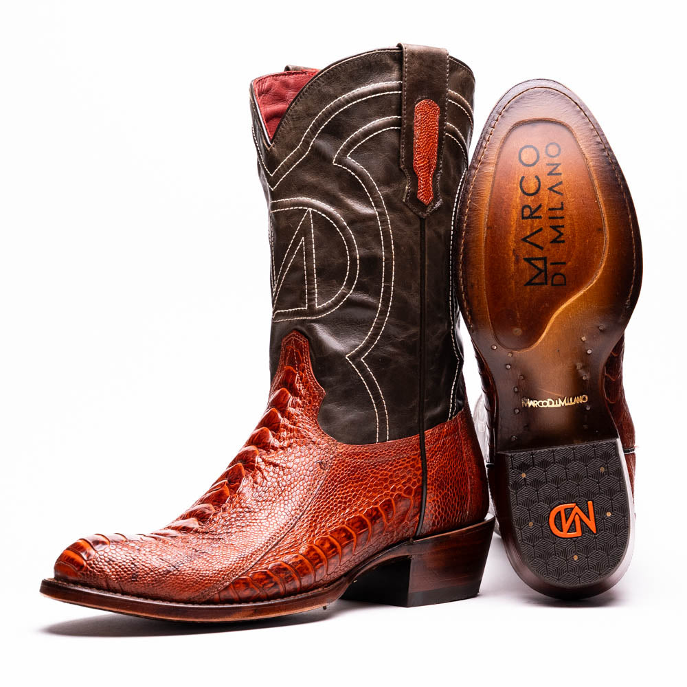Denver Rustic Cognac genuine ostrich leg skin cowboy boot from the Western Collection, showcasing deep red vamp and black full-grain contrast.
