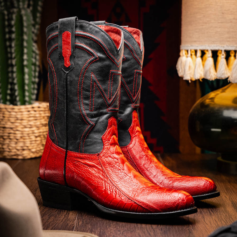 Denver Red cowboy boot made from genuine ostrich leg skin with black full-grain leather, part of the Western Collection.