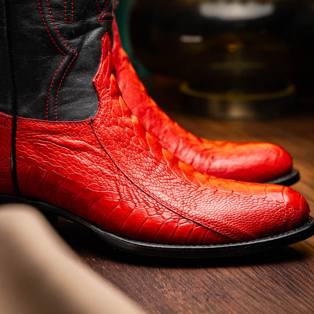 Denver Red genuine ostrich leg skin cowboy boots with a bold round-toe design showcasing deep red leather and black full-grain accents.