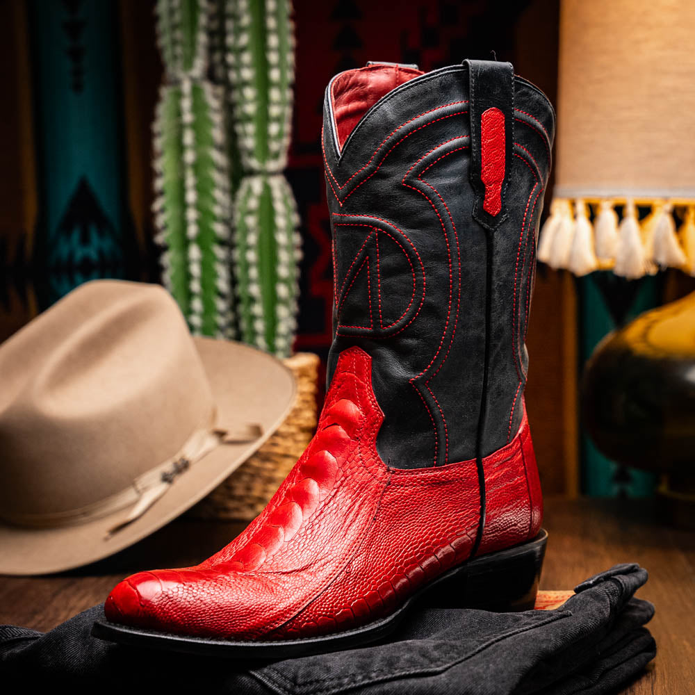 Denver Red cowboy boot with genuine ostrich leg skin and deep red vamp from the Western Collection, luxury bold style.