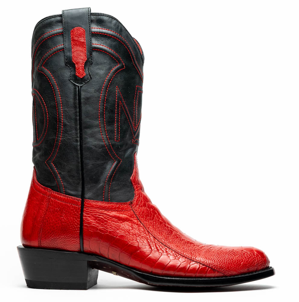 Denver Red ostrich leg skin cowboy boot with deep red vamp and black full-grain leather design.