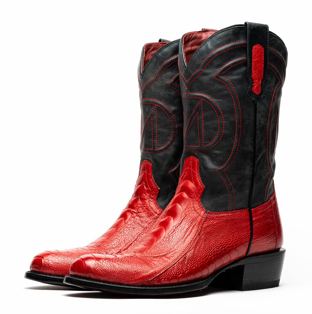 Denver Red cowboy boots made from genuine ostrich leg skin, featuring a deep red vamp and black full-grain leather.