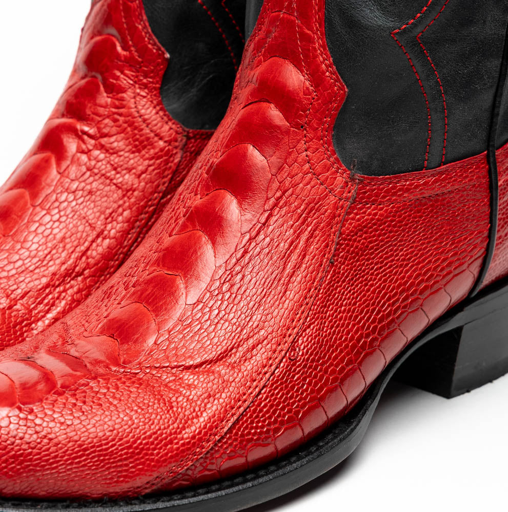 Denver Red genuine ostrich leg skin cowboy boots from Western Collection, featuring bold style and exotic elegance with red and black design.