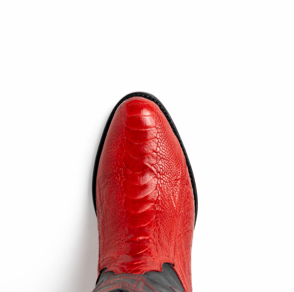 Denver Red cowboy boot with genuine ostrich leg skin and round toe, showcasing exotic elegance and bold style.