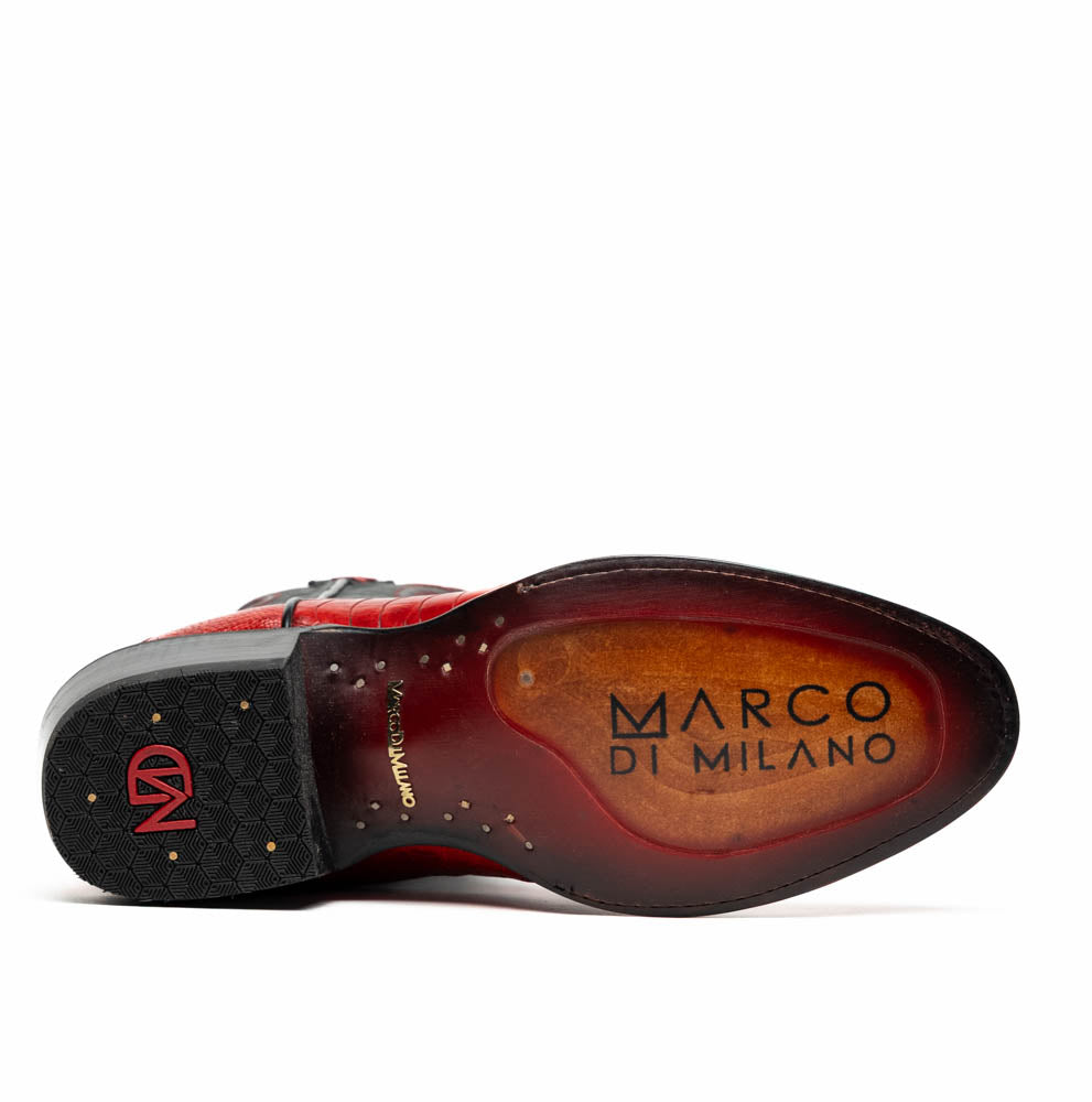 Sole view of Denver Red ostrich leg skin cowboy boot showing Marco di Milano branding