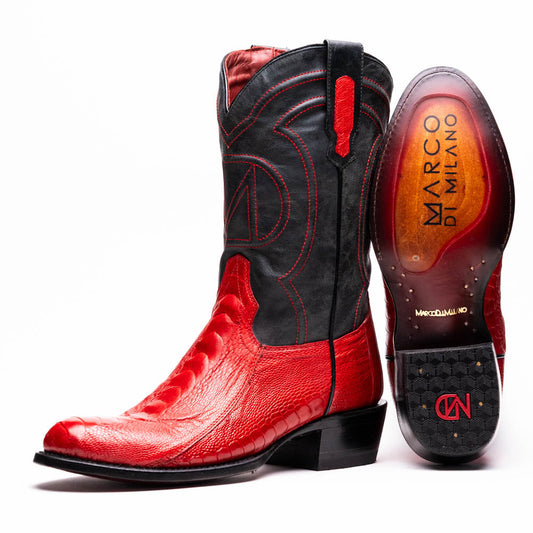 Denver Red cowboy boot in genuine ostrich leg skin, bold style and luxurious detail from Marco di Milano.