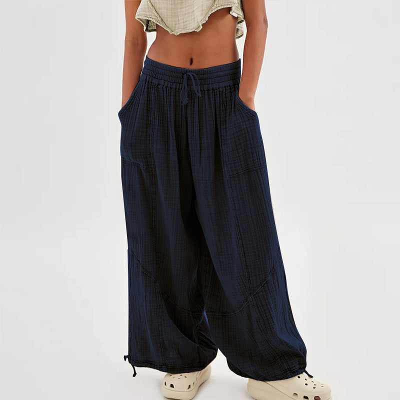 Women’s Solid Color Wide Leg Pants – Elastic Drawstring Waist and Side Pockets