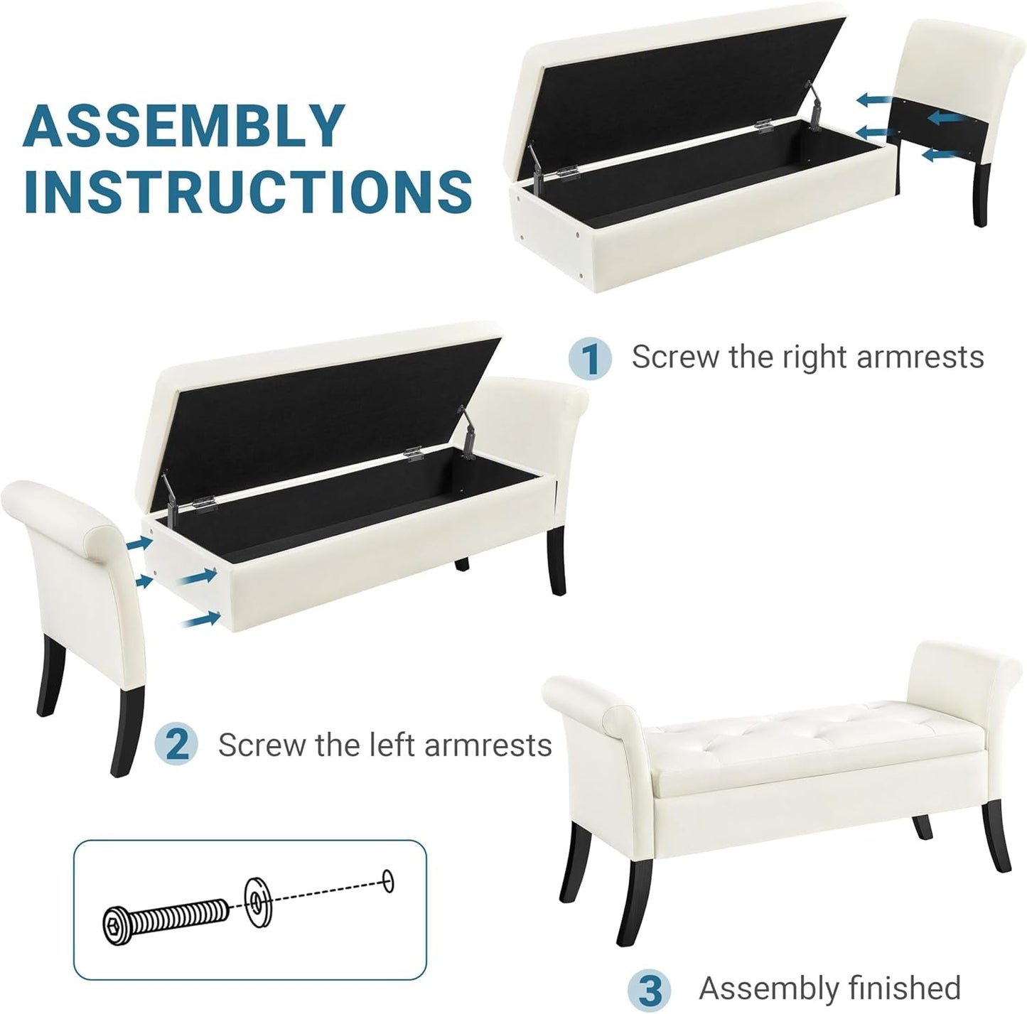 Assembly instructions for Fifty TwoInches Durable White Upholstered Storage Ottoman Bench with step-by-step guide.