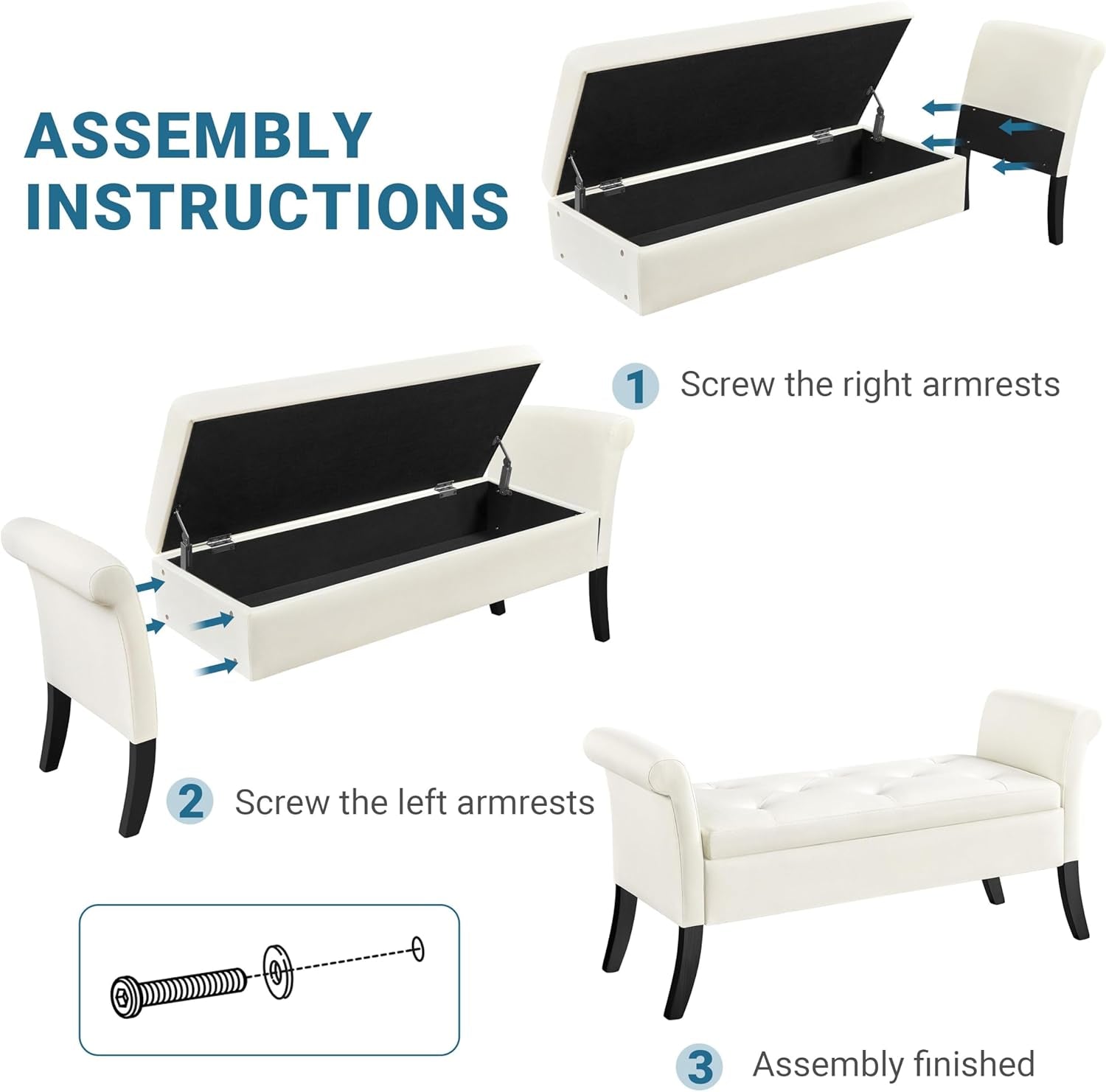 Assembly instructions for Fifty TwoInches Durable White Upholstered Storage Ottoman Bench with step-by-step guide.