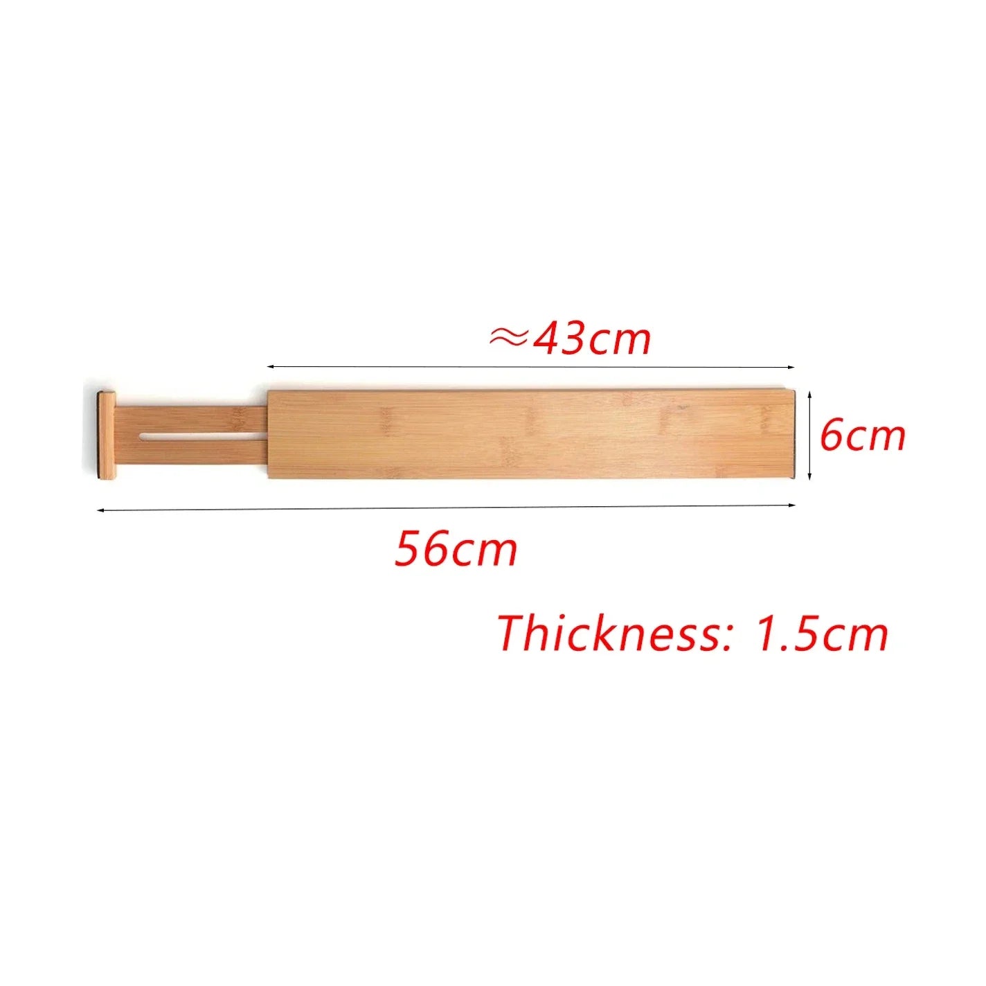 Bamboo Expandable Strip Bamboo Drawer Partition, Convenient Drawer Organization with dimensions shown, eco-friendly design.