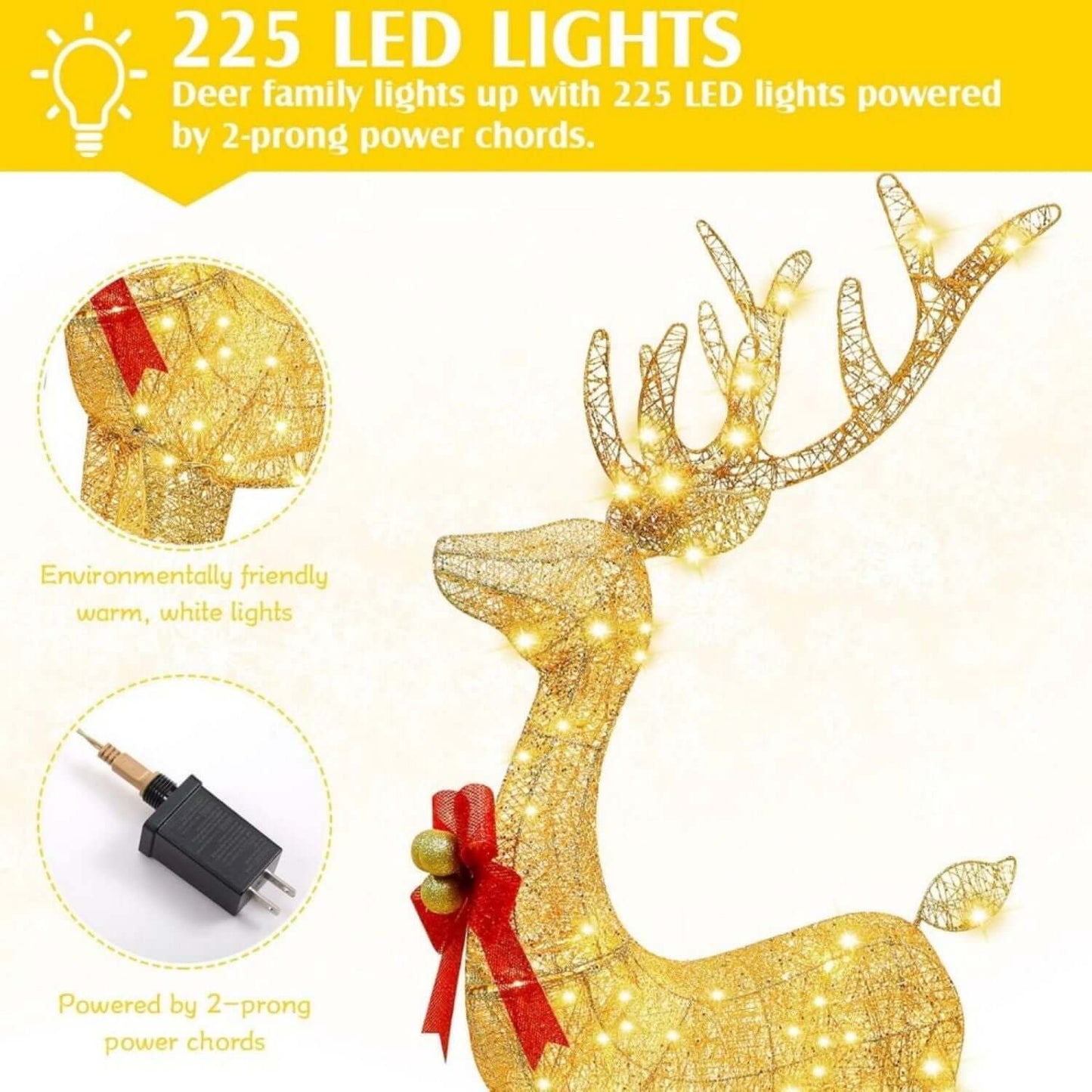 Close-up of the Lighted Christmas Deer Family Set Outdoor showing 225 LED lights and 2-prong power cord.