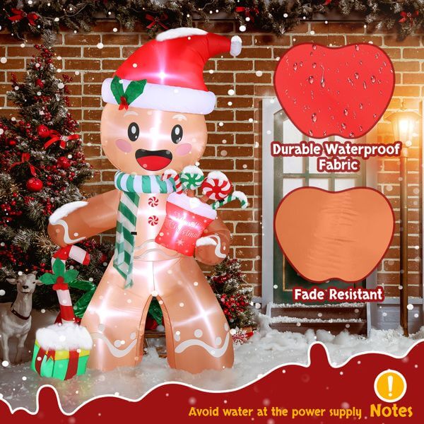 Christmas Inflatable Decoration - 7.9ft gingerbread man with LED lights, durable waterproof fabric, fade-resistant, holiday decor.