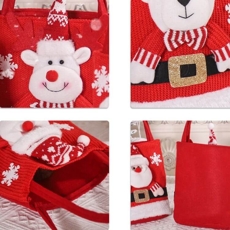 Christmas Candy Tote Bag for Kids with Santa, Snowman, and Elk designs, perfect for holiday treats and gifts, red color, cute cartoon elements.