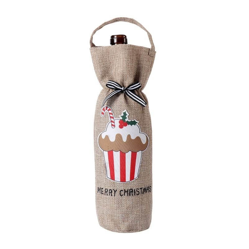 Christmas Decoration Supplies Champagne Red Wine Bag with cupcake design and Merry Christmas text.