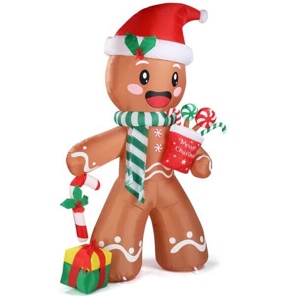 Christmas Inflatable Decoration - 7.9ft Gingerbread Man with LED lights wearing Santa hat and scarf, holding gifts and candy canes