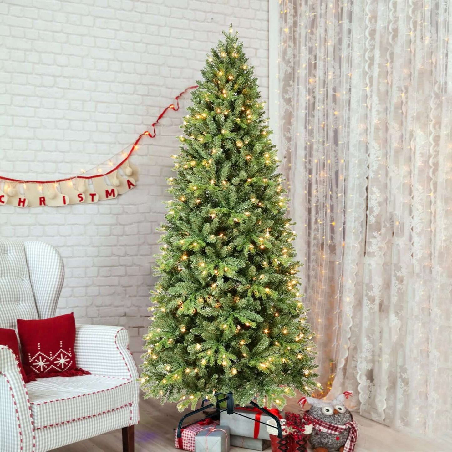 4 FT Christmas Tree with LED Lights and 527 tips in a cozy living room setting with festive decor.