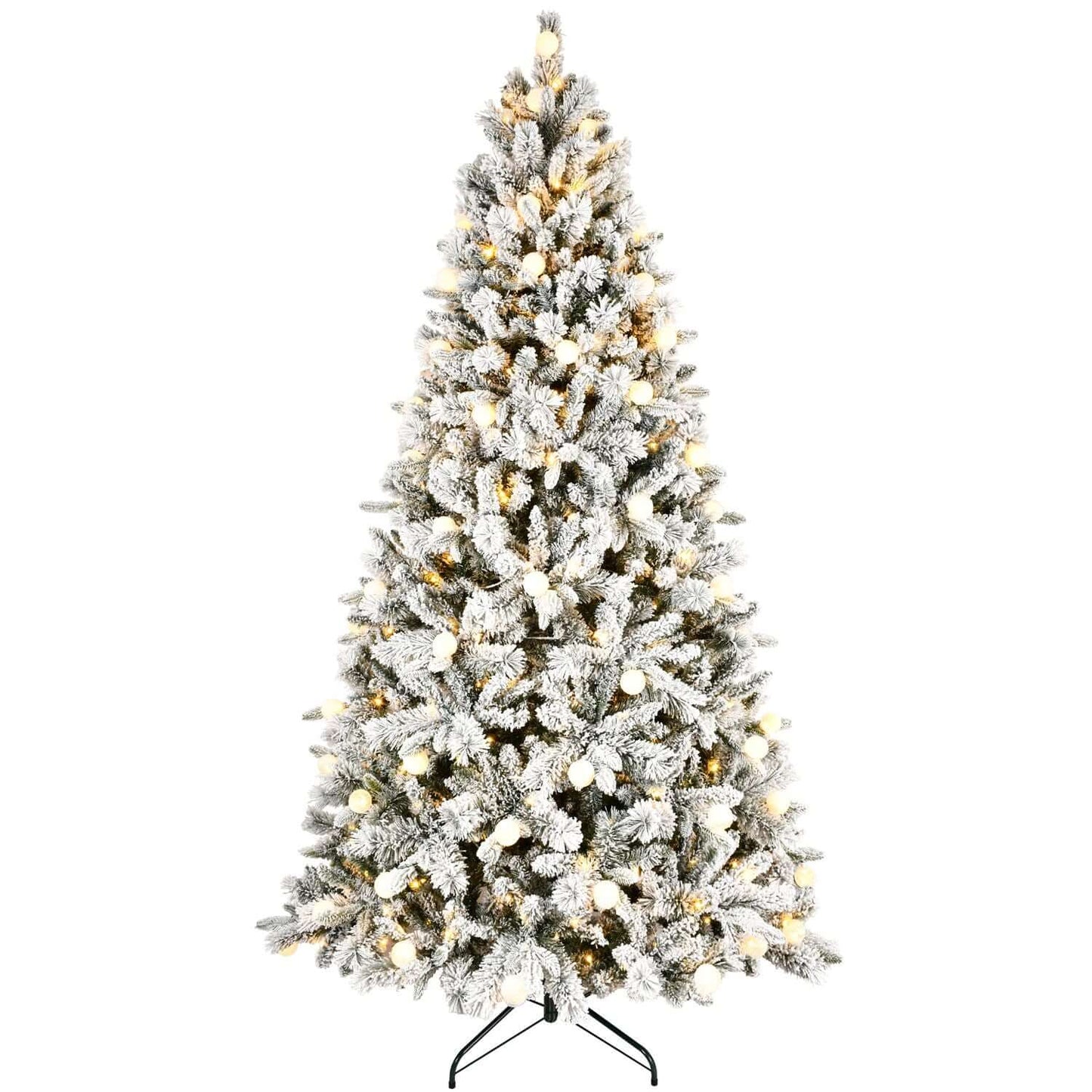 Flocked Christmas Tree with Colorful Lights featuring snow-flocked branches and warm illumination, creating a winter wonderland at 8ft tall.