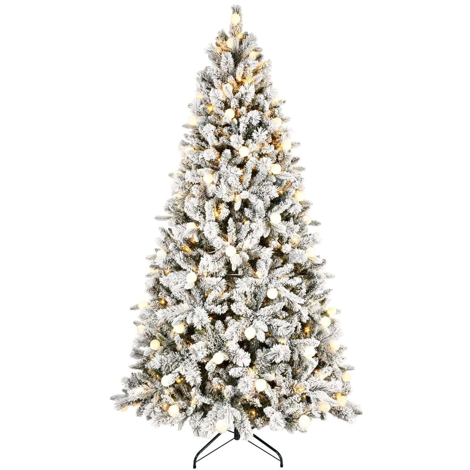 Flocked Christmas Tree with Colorful Lights featuring snow-flocked branches and warm illumination, creating a winter wonderland at 8ft tall.