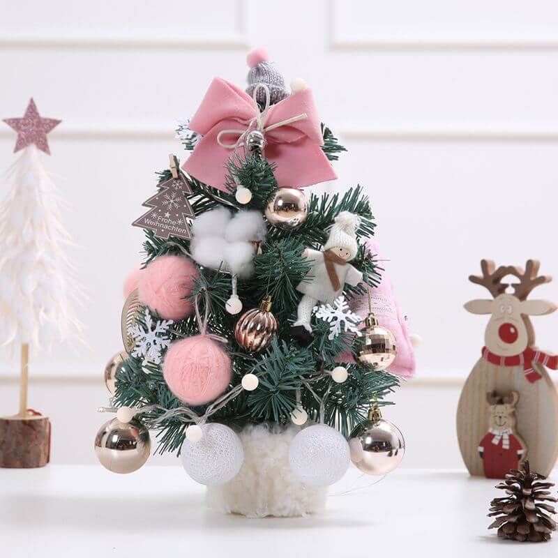 Desktop Christmas Tree - Artificial Mini Decoration for Table and Desk with pink bows and ornaments