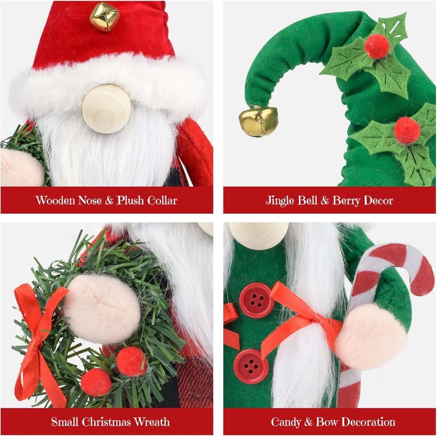 Close-up of Christmas Gnomes Plush details, featuring jingle bell, wreath, candy and bow decorations in festive colors.