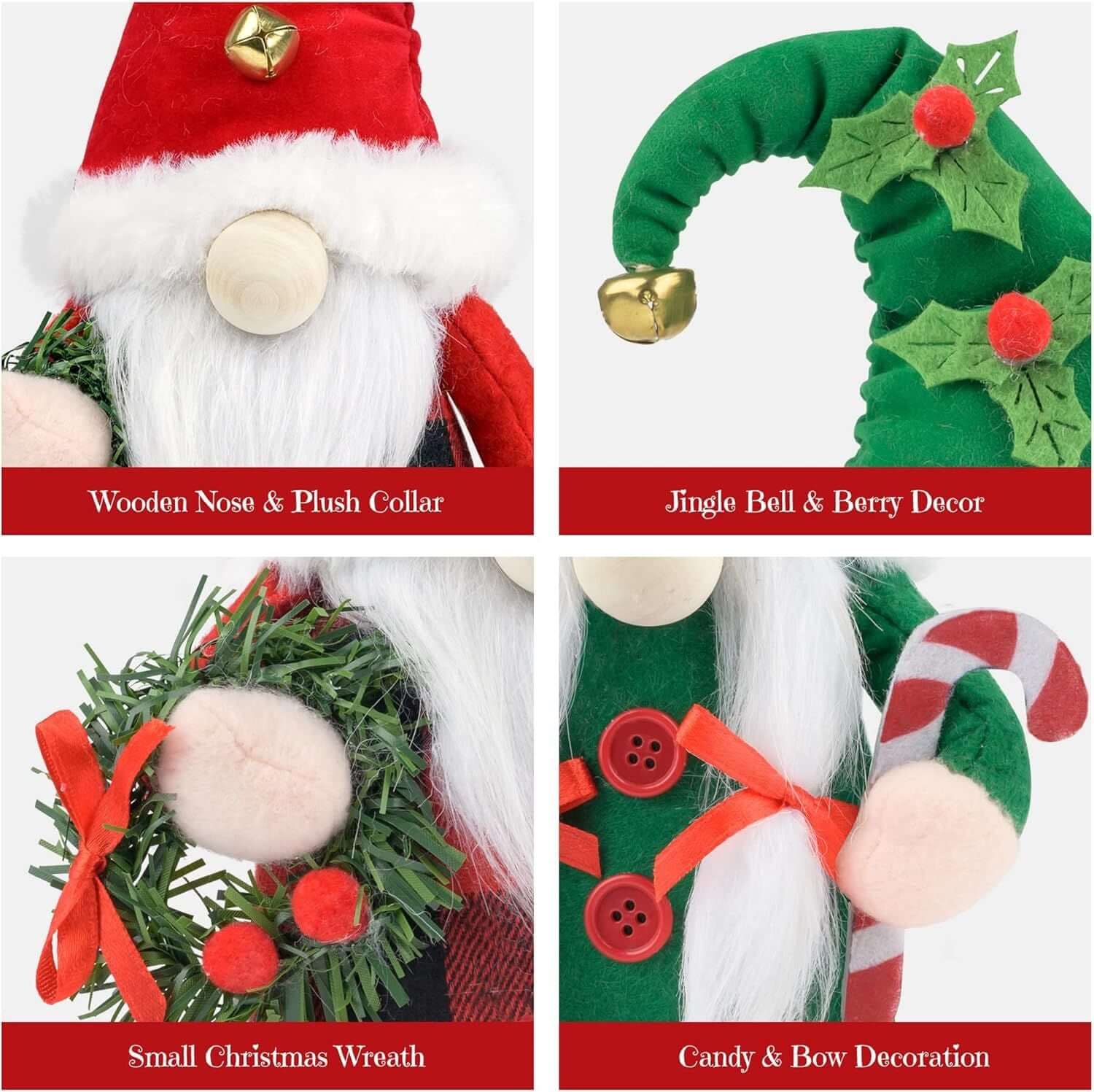Close-up of Christmas Gnomes Plush details, featuring jingle bell, wreath, candy and bow decorations in festive colors.
