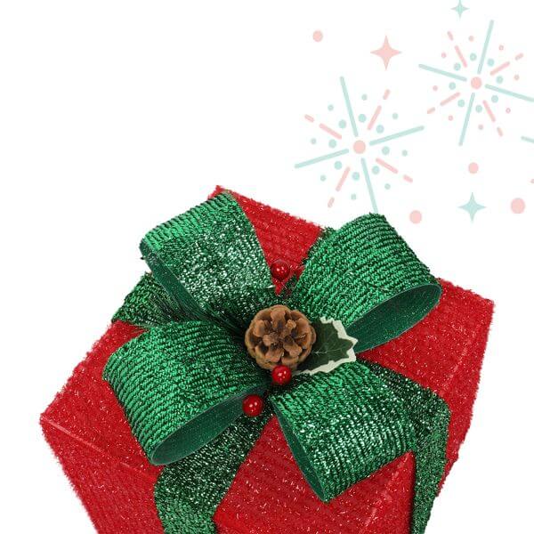LED60 Light Warm White Christmas Gift Box with red and green festive design and onion cloth texture.