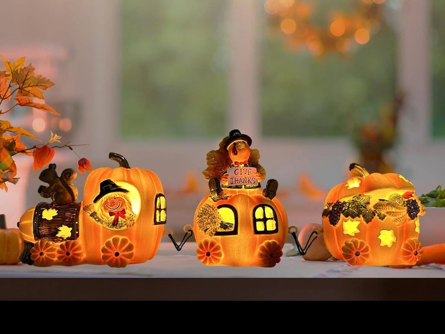 Christmas Gnome Decorations Centerpieces with light-up train set on a festive table