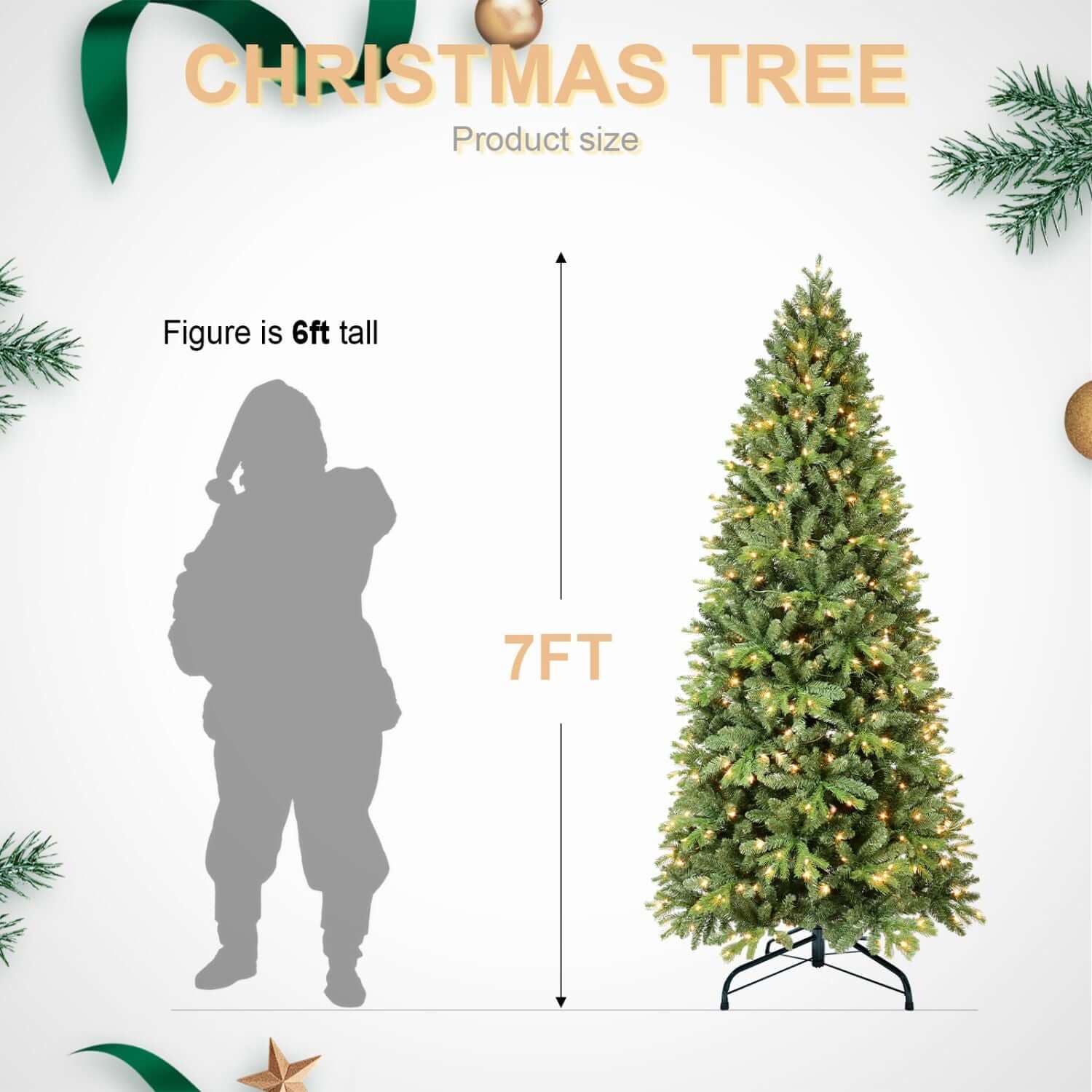 7FT Christmas tree with LED lights, lush and green, next to a 6ft silhouette for scale, perfect for festive decorations.