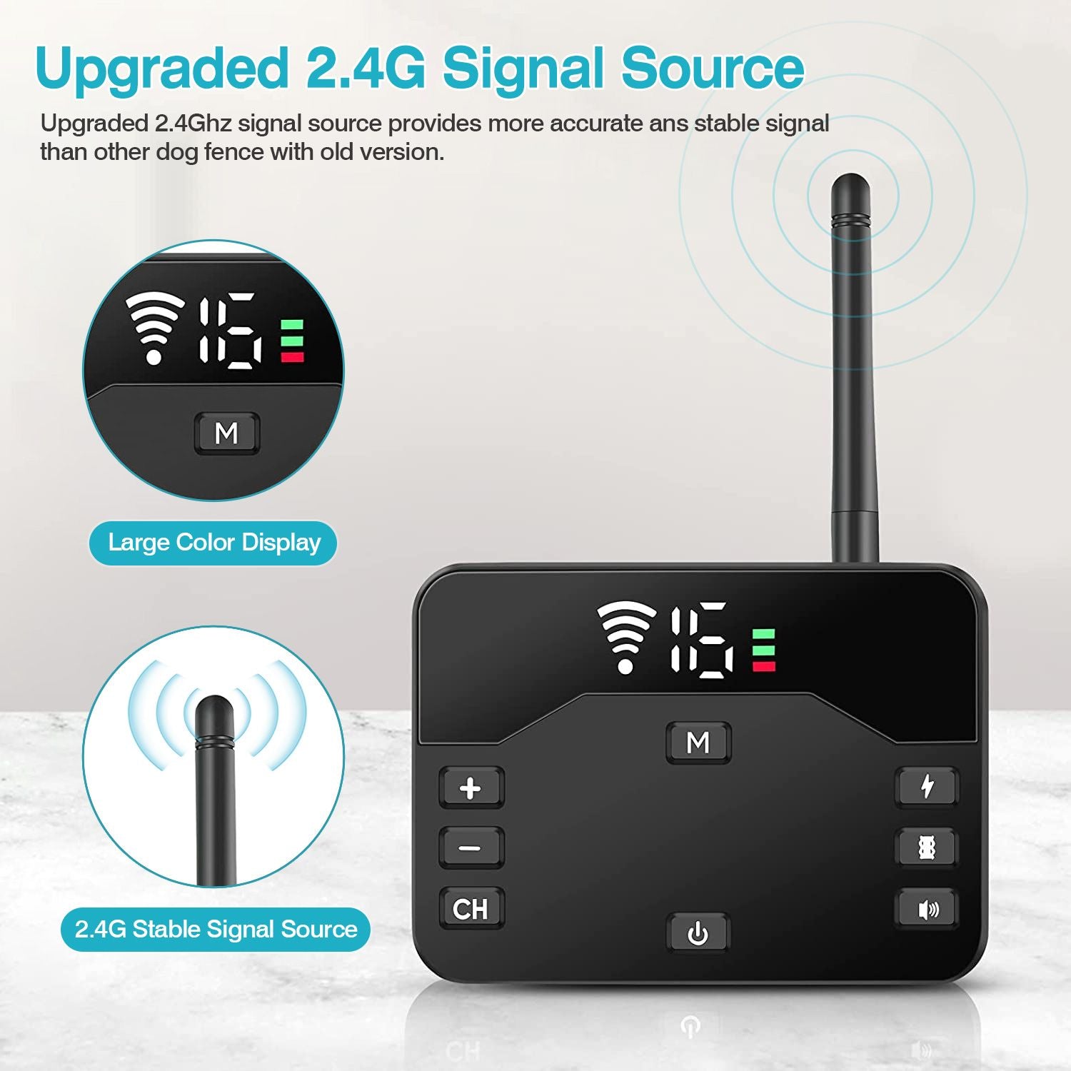 2 In 1 Wireless Dog Fence with Upgraded 2.4G Signal for Accurate Boundary and Electric Training, Large Color Display for Easy Monitoring.