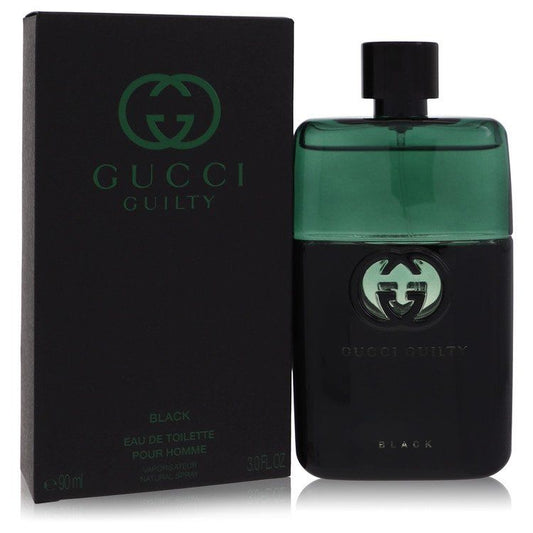 Gucci Guilty Black Eau De Toilette Spray 90ml bottle and box, featuring notes of green coriander, lavender, and cedarwood for men.
