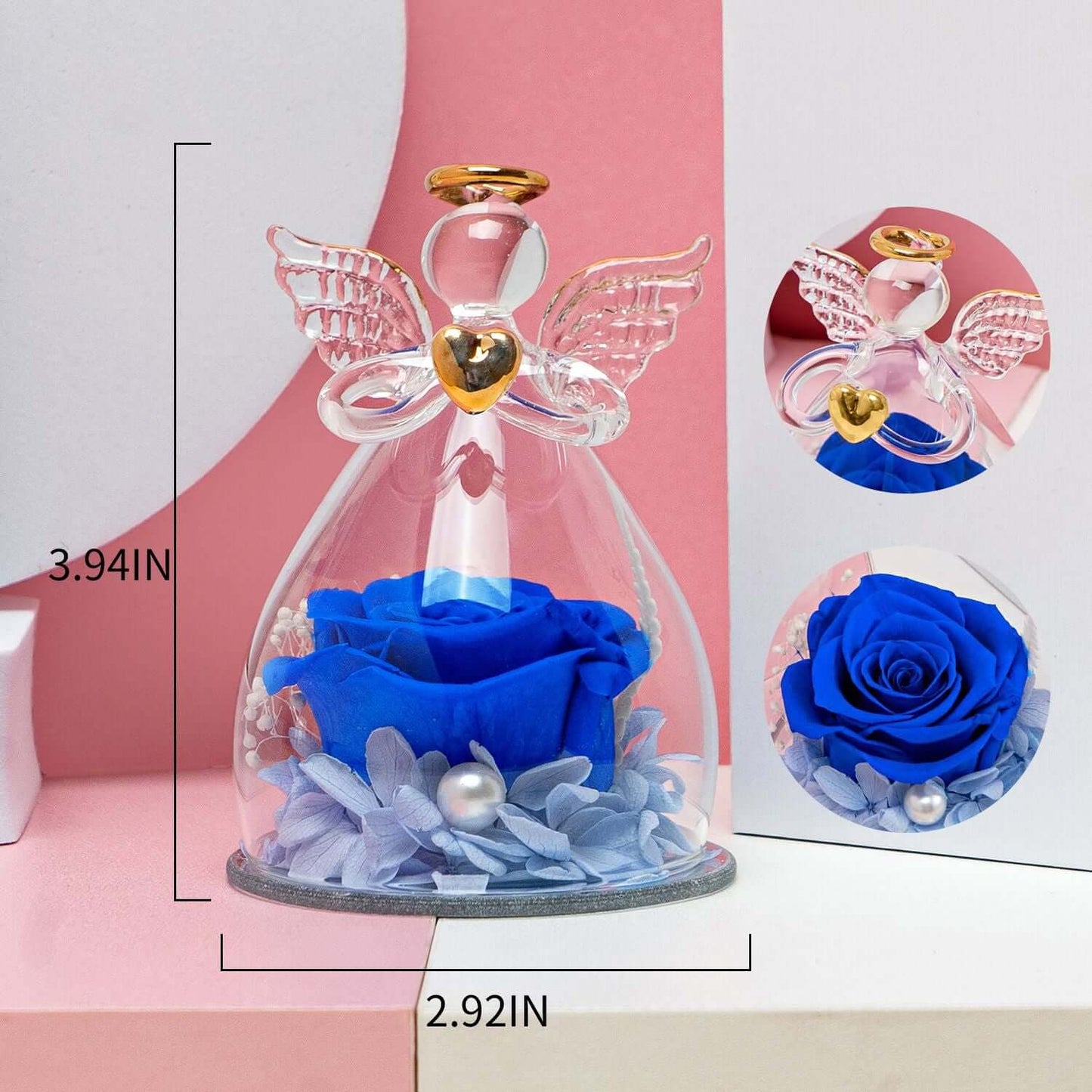 Preserved Rose In Angel Glass - Eternal gift for women, featuring real blue rose and angel for special occasions like Mother's Day and Christmas.