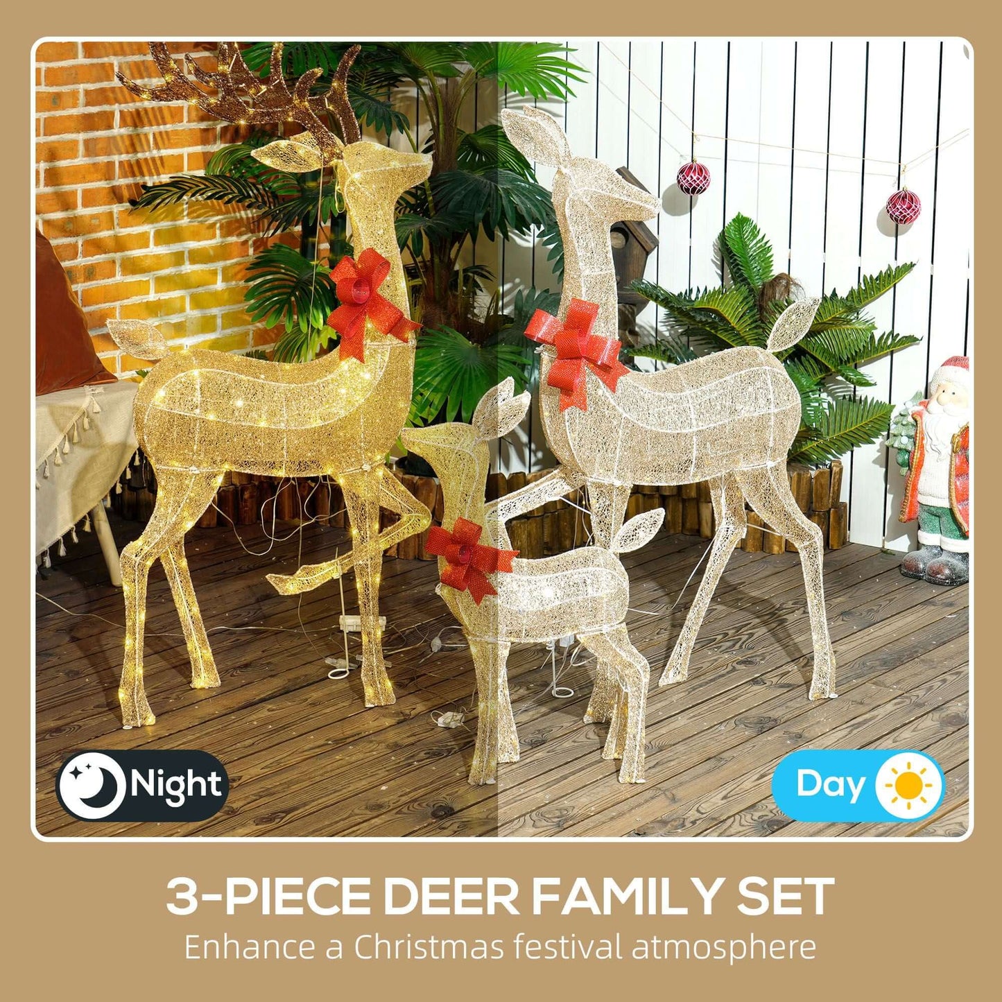 Christmas Deer Decorations - Light Up 4.5ft Reindeer Family Set with Red Bows