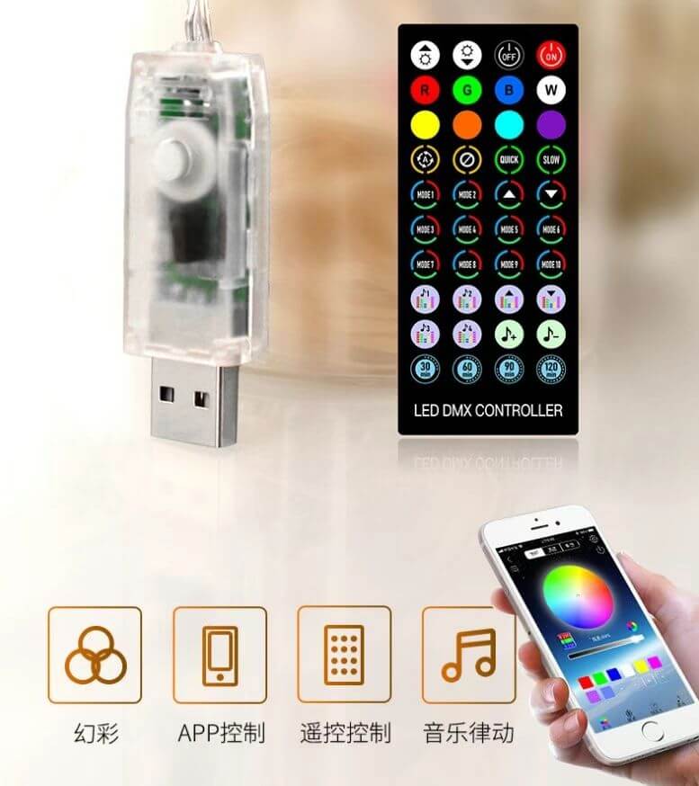 Bluetooth LED DMX controller with remote and app for Christmas Glowing Ribbon Led Light String, showcasing smart lighting technology.