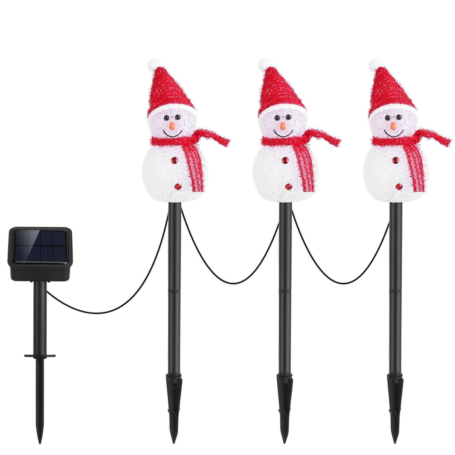 Solar Powered Christmas Lamp featuring three snowmen stakes with Santa hats, perfect for garden decoration and festive lighting.