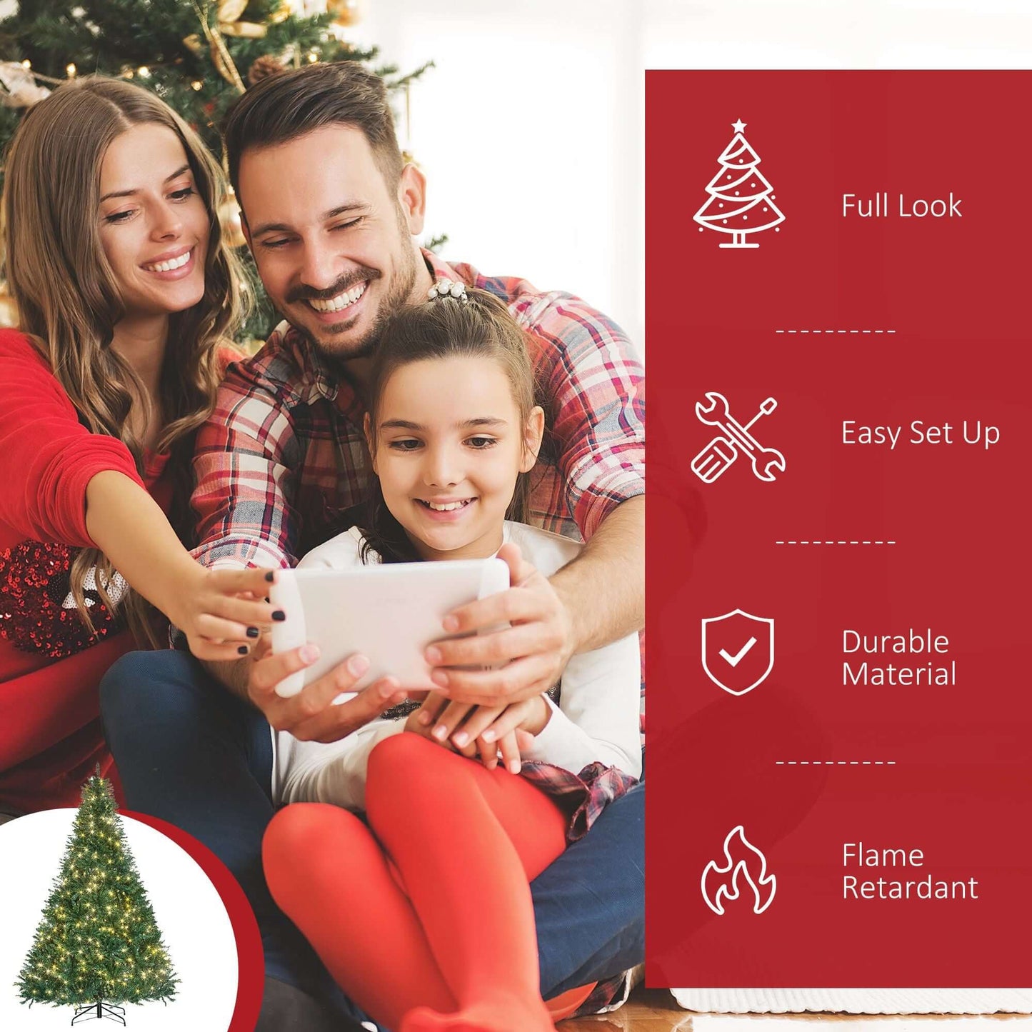 Family enjoying HOMCOM 7ft Pre Lit Douglas Fir Artificial Christmas Tree features like Full Look, Easy Setup, Durable Material, Flame Retardant.