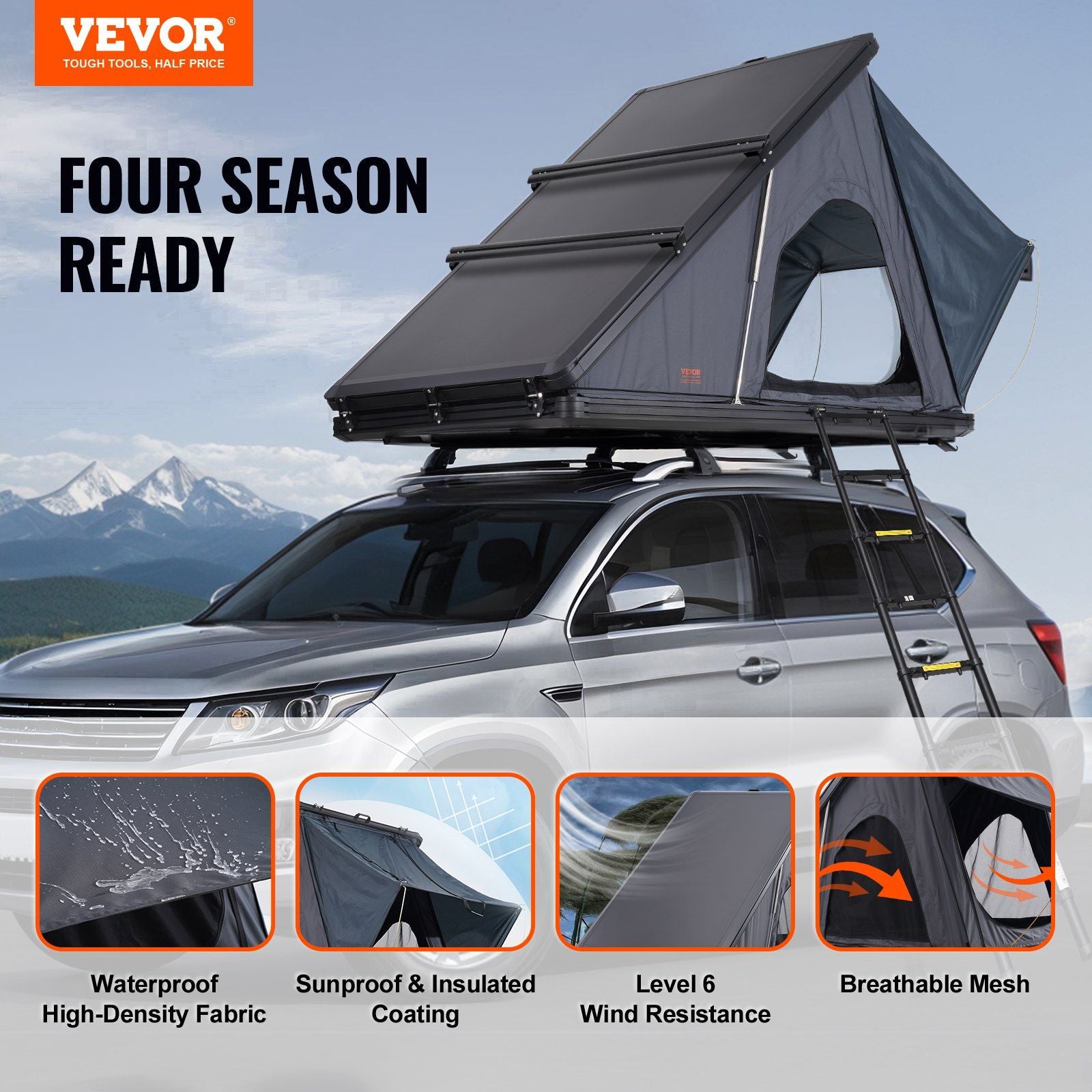 VEVOR rooftop tent hard shell for 2-3 people on SUV, waterproof, UV protected, four-season camping, ladder included.