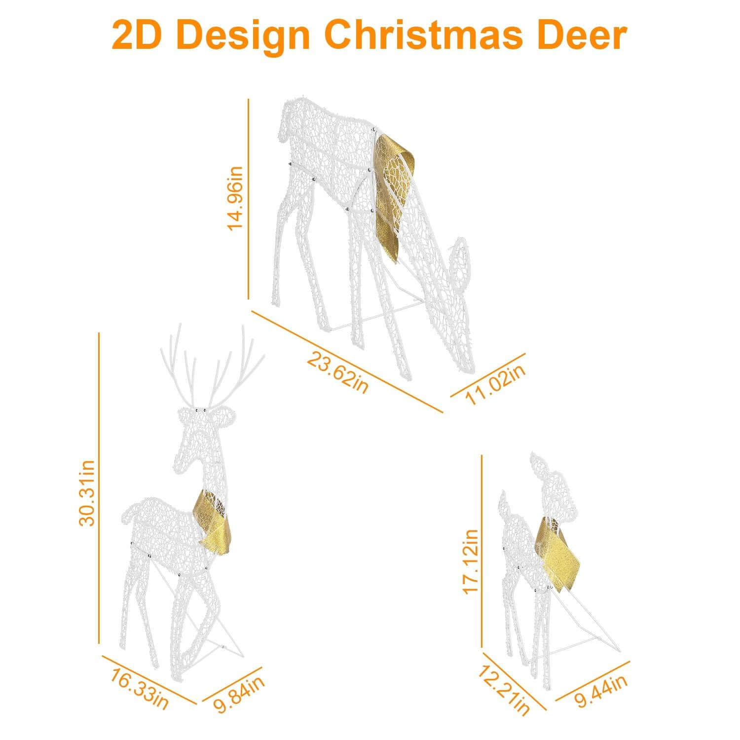 Dimensions of 2D Reindeer Family Lighted Christmas Deer Decoration showing buck, doe, fawn design and size details.