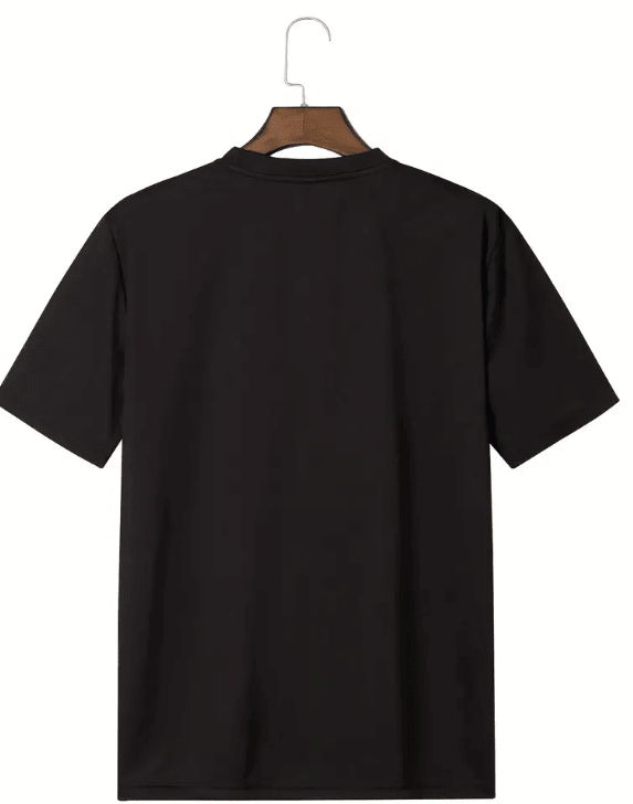 Black retro style men's T-shirt, round neck, short sleeves, 95% polyester and 5% spandex, perfect for casual outings.