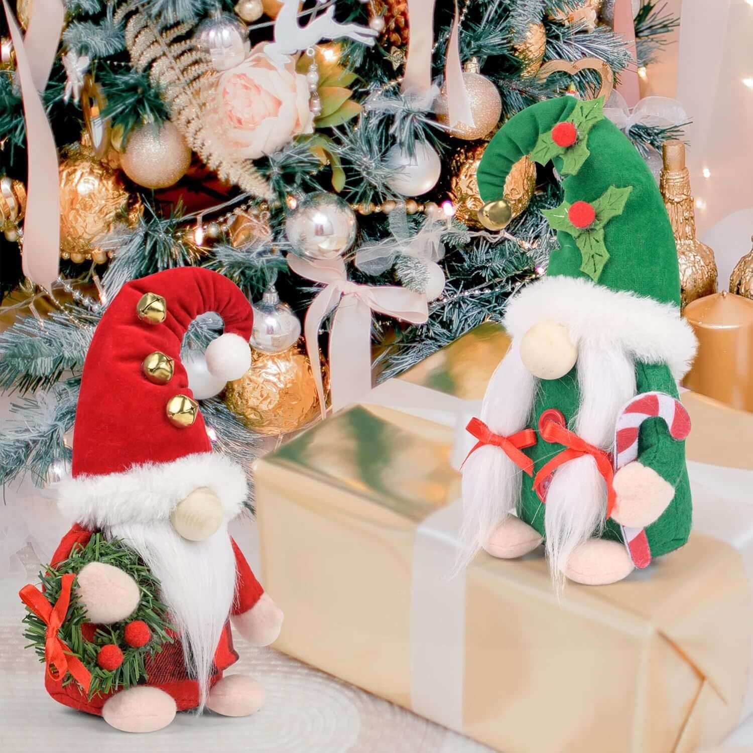 Christmas Gnomes Plush - 2 Pack Handmade Swedish Gnome Figurines with festive decorations under a Christmas tree.