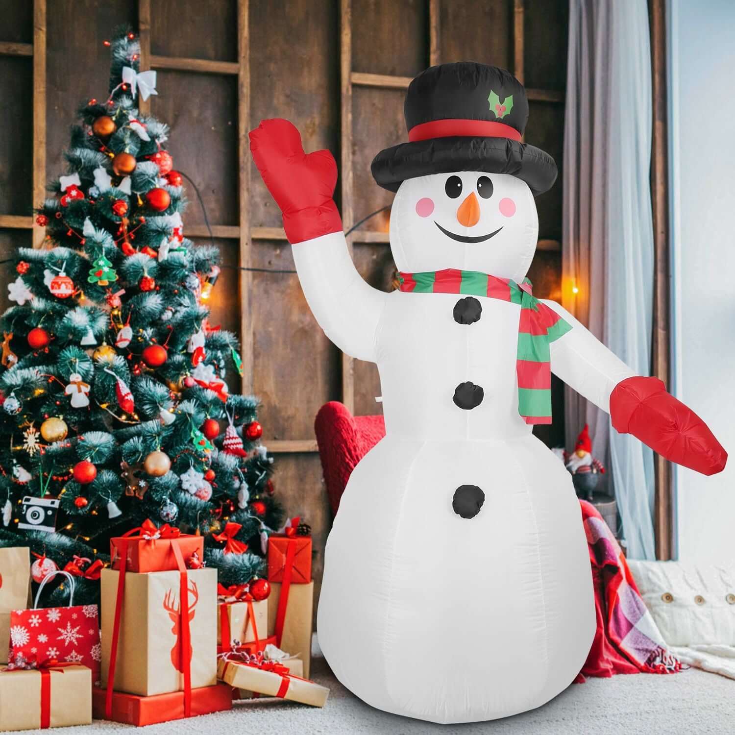 Christmas Inflatable Giant Snowman standing beside decorated tree indoors, 7.9FT tall with black hat and colorful scarf.