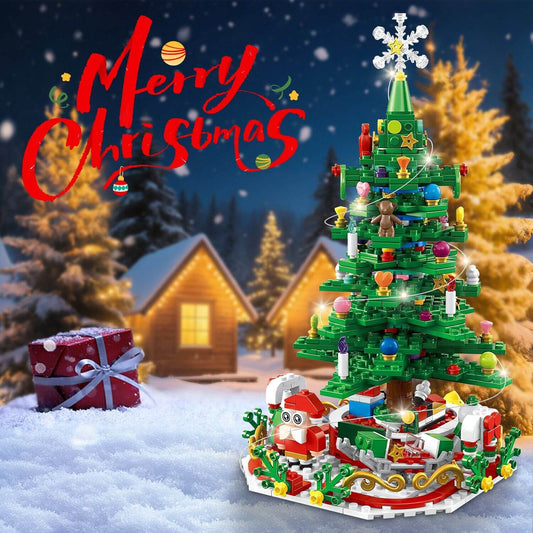 Festive Christmas Tree Building Set Countdown Calendar with LED lights and Santa scene, perfect holiday decoration for kids aged 3-6.