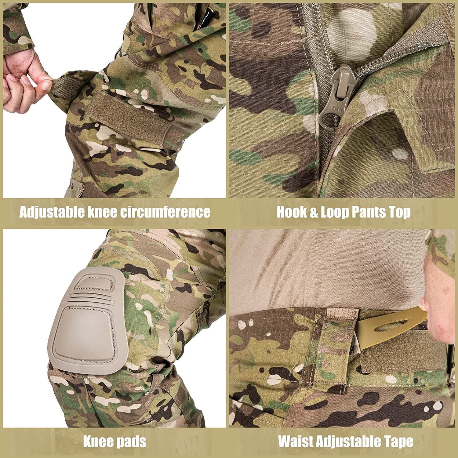 VOTAGOO G3 Multicam Pants Details: Adjustable knee pads, YKK zipper, and waist tape. Tactical military trousers for airsoft and hunting.
