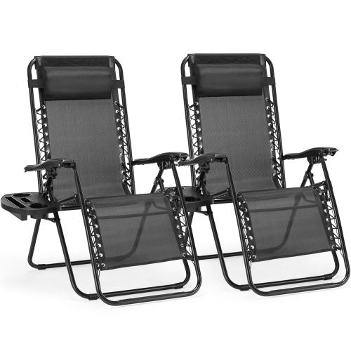 Set of 2 zero gravity lounge chairs with pillow and cup holder, sturdy alloy steel frame for pool or beach, outdoor folding recliners.