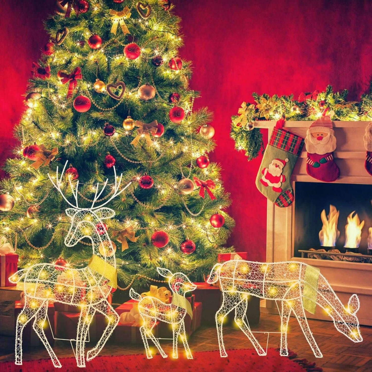 Reindeer Family Lighted Christmas Deer Decoration in front of a decorated tree and fireplace, featuring warm yellow lights in 3D.