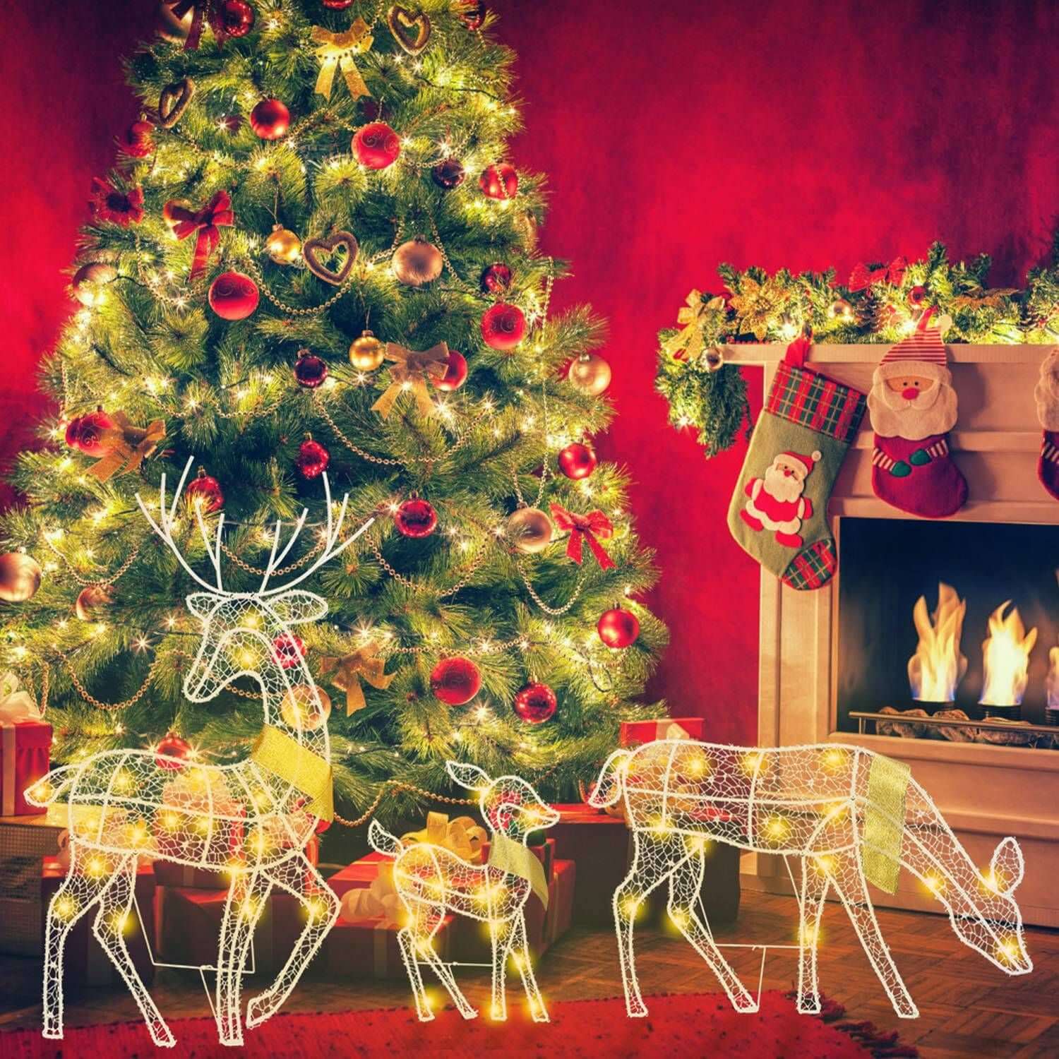 Reindeer Family Lighted Christmas Deer Decoration in front of a decorated tree and fireplace, featuring warm yellow lights in 3D.
