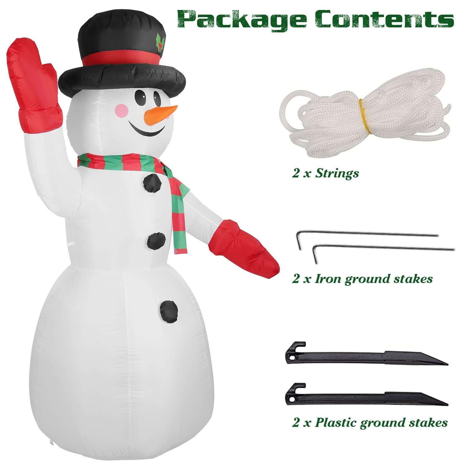 Christmas Inflatable Giant Snowman 7.9FT with strings and ground stakes package contents.